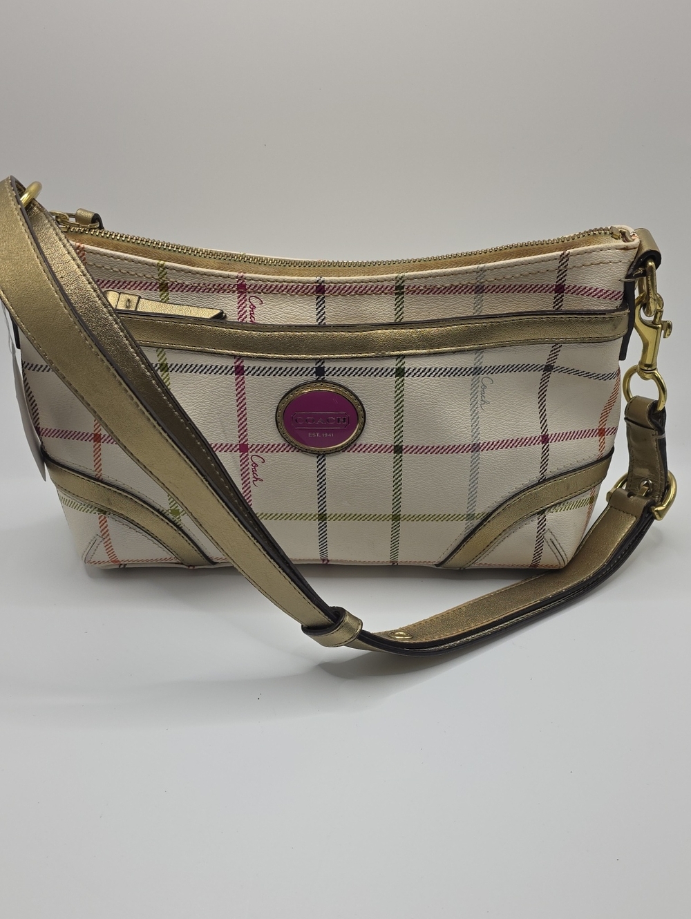Coach Peyton Tattersall Cream Plaid Crossbody with Gold Trim and Pink Accent